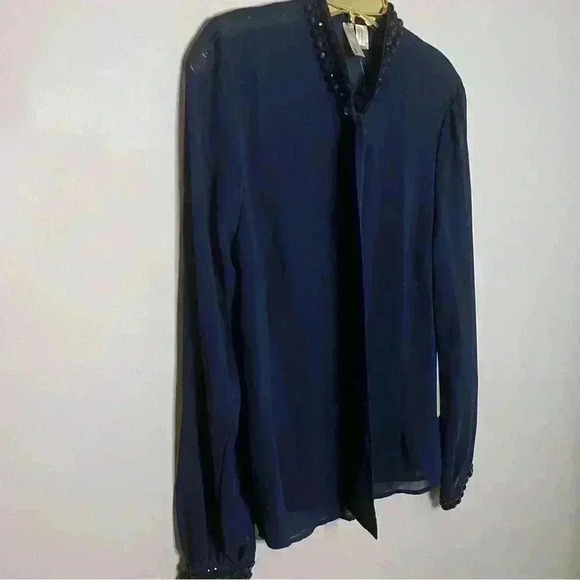FOREVER 21 Vintage Sheer Navy Blouse, Beaded Trim, Button Front, Size L, NWT - Picture 3 of 8